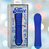 The CalExotics Thicc Chubby Thrusting Wand is a blue silicone vibrator with a ribbed texture, 10 speeds, turbo motors, USB rechargeability, waterproof design, and features extra thick construction. Packaging reads "Thicc.